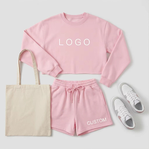 Conjunto de Dos Piezas de Felpa de Algodón Grueso de 420 g con Logotipo Personalizado para Mujer, Sudadera Holgada con Cuello Redondo y Pantalones Cortos, Conjunto Deportivo Informal - Product Image 2