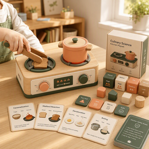 Set da Cucina in Legno Montessori Personalizzato per Bambini con Fornello Giocattolo e Carte Scientifiche per Imparare sui Temi di Cucina - Product Image 3