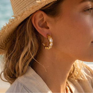 Pendientes Huggie en Forma de Pez, Tono Dorado, con Zirconia Engastada, para Uso Diario, de Acero Inoxidable - Product Image 2