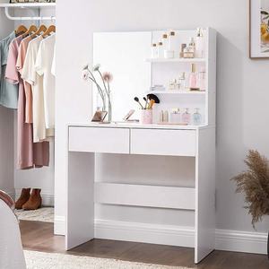 Винтажная коричневая Косметическая станция с открытыми полками и закругленными углами с 2 ящиками и зеркальным деревянным столиком для макияжа для спальни - Product Image 5