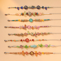Gelang manik-manik kaca berwarna buatan tangan bergaya retro dengan hiasan bunga, kupu-kupu, ikan, dan mutiara beras untuk wanita