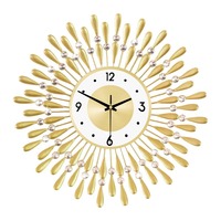 Jam Dinding Kristal Logam Modern, Jam Quartz Bulat Tanpa Suara, Jam Gantung Dekoratif Motif Starburst untuk Ruang Tamu