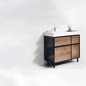 Industrial Wood Bathroom Vanity White Integrated Sink Black Metal Frame Floor Mounted <b>Storage</b> Cabinet - Product Image 3