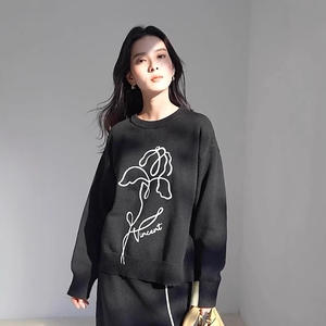 Abito Casual di fascia alta in maglia da donna in autunno e in inverno, disegno semplice, maglione largo e gonna Set in due pezzi - Product Image 4