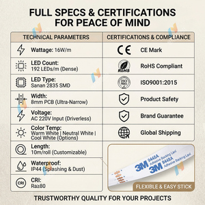 220V Driverloze <span class=keywords><strong>LED</strong></span> Stripverlichting 192LEDs/m Sanan Chip 16W/m IP44 Waterdicht 10M 8mm Smalle PCB <span class=keywords><strong>LED</strong></span> Tape - Product Image 6