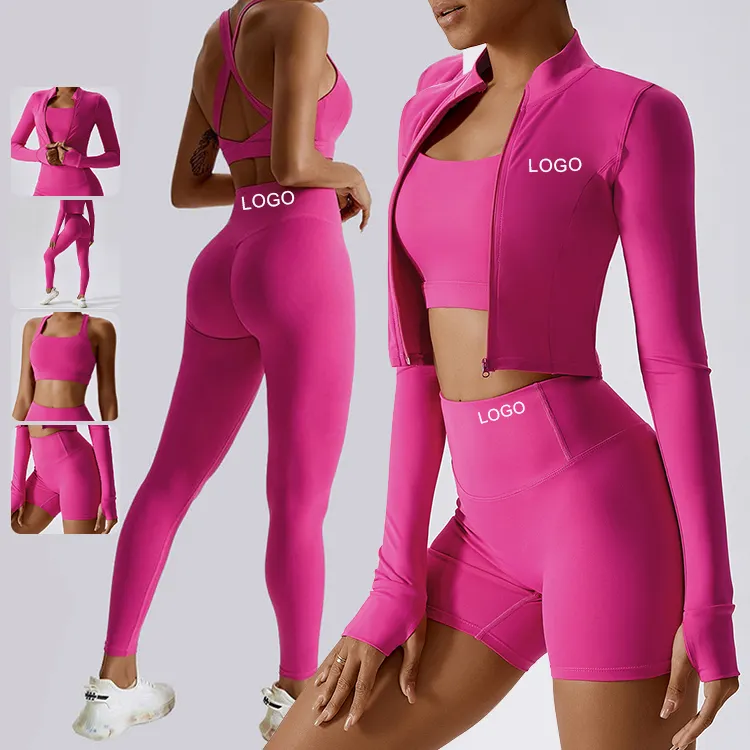 Vente en gros Custom Ropa Fitness Activewear Set Women Gym Clothes Kit Sweat Suit Butt Lift Women Long Sleeve 4 Piece Yoga Sets