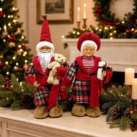 Ensemble de figurines en peluche rétro Père Noël et Mère Noël, 18 pouces, polyester, Père Noël et Mère Noël debout Poupées en tenues à carreaux pour cheminée ou table