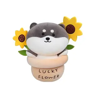 S112 9.8 Inch Plant Sunflower Husky Plush Stuffed Throw Pillow Decor Kids Toy Gift Adorable Flower Pot Dog Doll