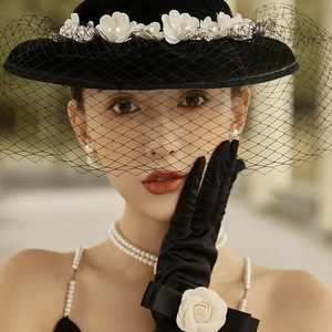 knee length dresses for ladies Red beaded top fascinator with long mesh veil main image 1