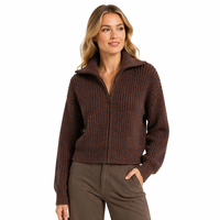 Cardigan court zippé en laine tricoté pour femme, style vintage décontracté, avec manches évasées épaisses, pour automne-hiver, personnalisable OEM/ODM