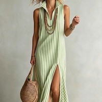 Robe midi décontractée d'été pour femme grande taille, à rayures, col montant, sans manches, fente latérale, pour dropshipping Shopify
