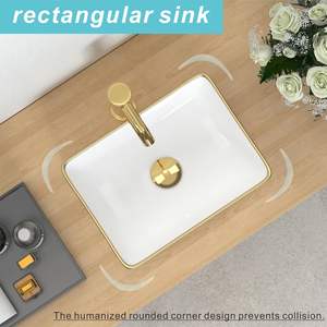 Lavabo de baño de cerámica de porcelana blanca de 14,5 ''X 10,6'', lavabo de <span class=keywords><strong>tocador</strong></span> de recipiente pequeño, lavabo Rectangular, lavabo de mano <span class=keywords><strong>con</strong></span> adorno <span class=keywords><strong>dorado</strong></span> - Product Image 2