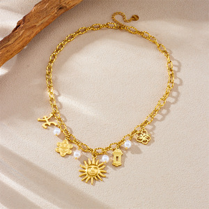 European American Style Stainless Steel Necklace Gold Plated Sun Charm Pearl Clavicle Chain Gift Jewelry - Product Image 3