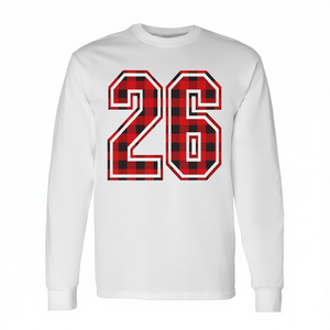 Maglietta a maniche lunghe natalizia a quadri rossi numero 26, stile jersey unisex - Product Image 2