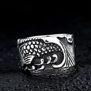 Fashion Pisces Couple Ring Stainless Steel 3D Wave Design with Gothic Simple round Detail Rhodium Plated for Anniversary