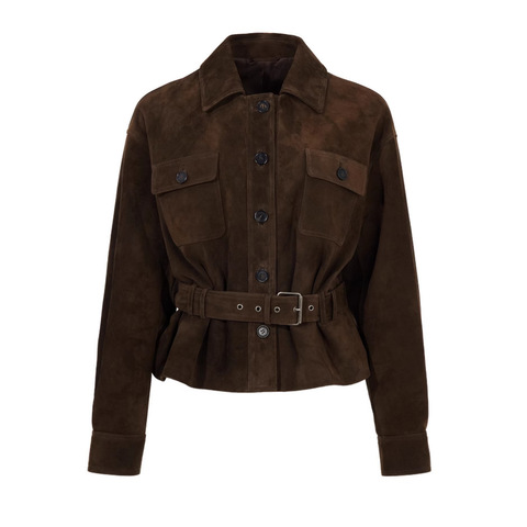 5153 New Arrival Original Suede Leather Coat Turn-down Collar Belted Brown Goatskin Suede Jacket