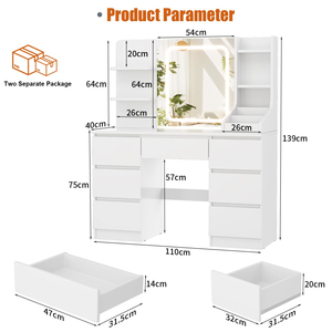 Factory Direct Modern 7 Drawers Dressing Table Vanity <b>Desk</b> with <b>Large</b> Lighted Mirror Adjustable Brightness - Product Image 6