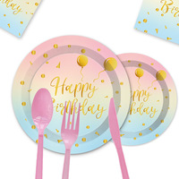 Assiette à dîner pour fête d'anniversaire Fournitures de pique-nique pour fête d'anniversaire Assiettes à ballons arc-en-ciel en feuille d'or