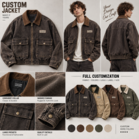 Blouson Bomber en Toile Lavée Style Vintage Personnalisé avec Col en Velours Côtelé, Veste de Travail en Toile pour Homme OEM ODM avec Logo Brodé