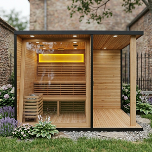 Sauna extérieur moderne avec patio ouvert, en bois de pruche naturel, poêle électrique, sauna extérieur Megius pour jardin, villa, <span class=keywords><strong>spa</strong></span> - Product Image 1