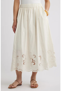 Women's Cream A-Line Mid-Calf <b>Skirt</b> With Embroidery Elastic Waist Bohemian Style All Seasons Wear - Product Image 2