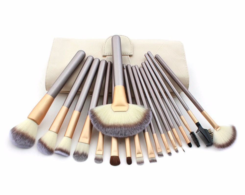 Высокое качество, индивидуальный образец, 18 шт., кремово-белый, оптовая продажа, профессиональный логотип, индивидуальная этикетка, набор кистей для макияжа с чехлом