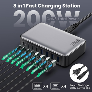 4A+4C Fast Charger 200W USB C Charger Block Upgraded GaN 8-<b>Port</b> Fast Charging Station <b>Hub</b> PD 65W Laptop Charger Adapter - Product Image 3
