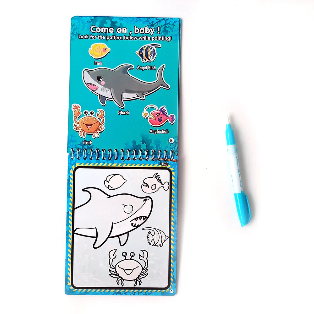 หนังสือภาพวาดน้ำสไตล์สัตว์ทะเลสำหรับเด็กสมุดระบายสีน้ำแบบพกพาสำหรับใช้ซ้ำได้