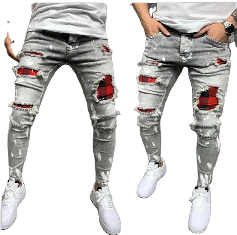 2023 europei e americani di alta qualità strappati da mendicante tessuto elasticizzato moda Slim Denim jeans strappati