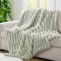 Plaid en fausse fourrure de lapin vert menthe, motif rayé gaufré, pour canapé et lit, luxueux, chaud, en polaire, ignifuge, taille King Size