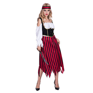 Disfraz de pirata para mujer adulta, falda a rayas rojas, corsé, disfraz de Halloween, traje de cosplay - Product Image 1