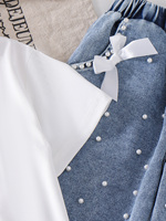 Ensemble deux pièces mode pour filles : vêtement de loisirs avec perles et nœud, manches courtes, et jean orné de perles – Qualité supérieure