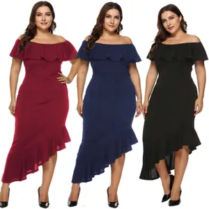 2021 Casual Plus Size Solid Color Off The Shoulder Women's Ruffle Pencil Dresses Ladies Sexy Tea-length Evening Dress