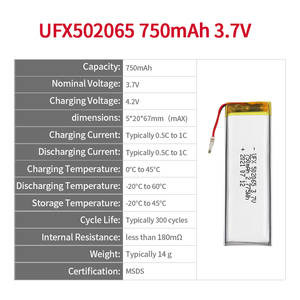 中国リチウムイオン電池メーカーバッテリーパラレルUFX502065 750mAh <span class=keywords><strong>3.7V</strong></span>証明書 - Product Image 2
