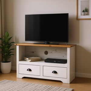 Meuble TV en bois de pin massif blanc et brun 50-54 pouces avec rangement, style rustique pour salon - Product Image 2