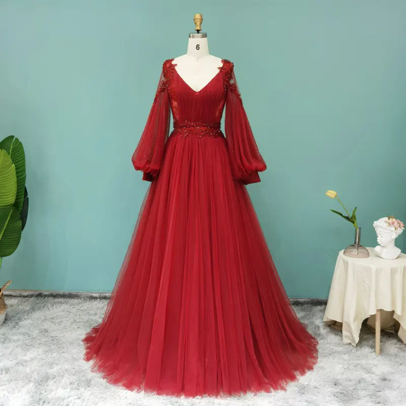 Luxury Dubai Burgundy Muslim Evening Dress For Women Wedding Plus Size Elegant Emerald Green Pink Formal Party Gowns Scz170