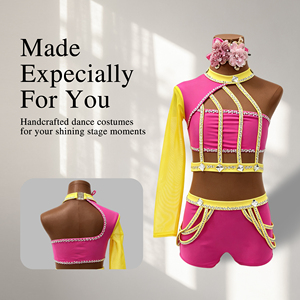 Costume de danse jazz rose et jaune pour filles, tenue de scène avec strass, manches longues en maille, tenue de danse hip hop, spandex/polyester - Product Image 1