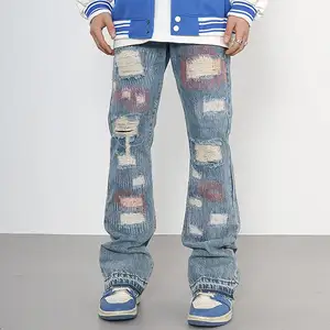 2024 Nieuwe Fashion Stock Heavy Jeans Custom Mannen Distressed Jeans Gewassen Gescheurde Flare Gestapelde Been Jeans Broek