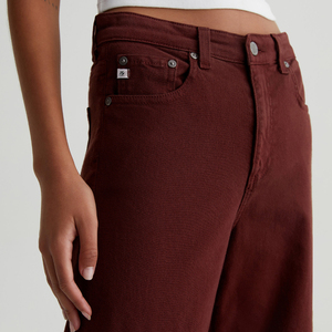 OEM/ODM <span class=keywords><strong>Jean</strong></span> court <span class=keywords><strong>bordeaux</strong></span> profond taille haute jambe large pour les femmes ourlets bruts de coton denim hyper doux taille extensible à double élastique - Product Image 1