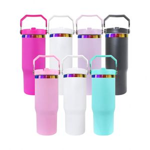 แก้วน้ำพกพาแบบมีหลอดดูดพับได้ ขนาด 30 ออนซ์ สีชมพูร้อน ลายรุ้งเคลือบเลเซอร์ สำหรับงานซับลิเมชั่น - Product Image 3