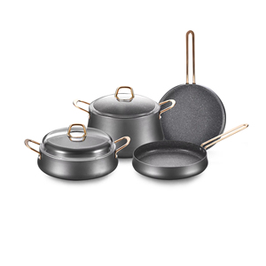 Life Smile, 6 uds., cazuelas prensadas antiadherentes con forma de vientre, ollas y sartenes con tapa de vidrio arqueada, juego de utensilios de cocina de aluminio - Product Image 1