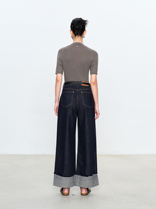 YUANBOFEI OEM Jeans pour femmes, jeans de haute qualité, denim brut bleu foncé, jambe large, ourlet brut, taille haute, jeans surdimensionnés personnalisés - Product Image 2