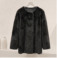 Manteau mi-long vintage en laine et cuir pour femme, noir et gris chiné, col rond, garniture en peau de mouton, veste décontractée d'hiver