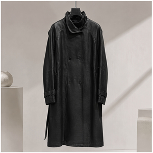 Jas Trench Kulit Imitasi Lengan Panjang Hitam Wanita Elegan untuk Pakaian Luar Sehari-hari - Product Image 2