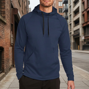 Men's <b>Navy</b> Blue Hooded Pullover <b>Sweatshirt</b> Raglan Sleeve Solid Color Casual Wear Breathable Knitted Fabric Autumn Regular Fit - Product Image 2