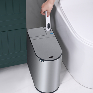 Poubelle en acier inoxydable à fente étroite Petite Poubelle ovale pour la cuisine et l'intérieur Poubelle intelligente avec brosse de toilette - Product Image 1