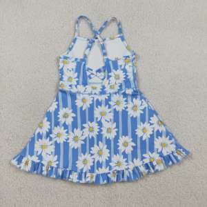Robe de yoga pour petite fille, motif marguerite rayée bleue, collection GSD2283, vente en gros, ensemble enfant à manches courtes. - Product Image 3