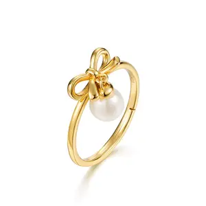Simple Natural Freshwater Pearl Ring Cute Bow-knot 925 Sterling Silver Adjustable Ring
