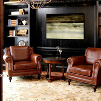 Fauteuil individuel de luxe vintage en cuir pleine fleur marron avec pieds en bois massif, chaise de réception pour hôtel et salon