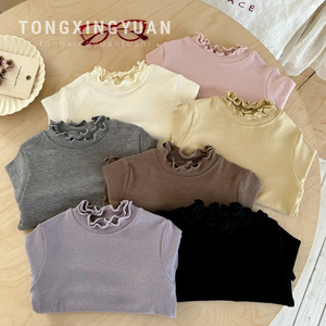 Tongxingyuan Girls T-Shirt Solid Color Lace Collar Short Sleeve Cotton Autumn Top For Children - Product Image 1